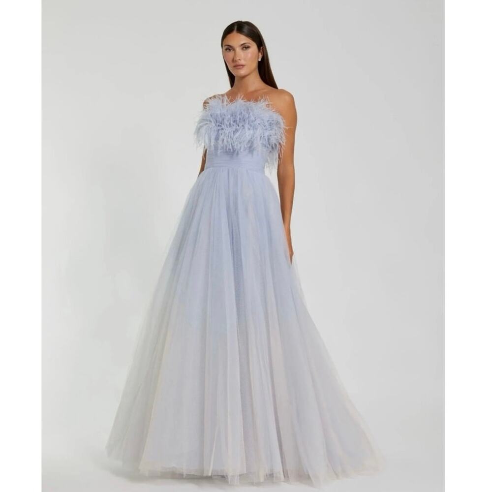 Mac Duggal Light Blue Feathered Strapless Tulle Maxi Gown